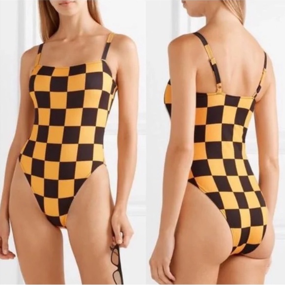 New Re/Done x Solid & Striped Malibu One Piece Black Mustard Yellow Checker Geo - Picture 1 of 9
